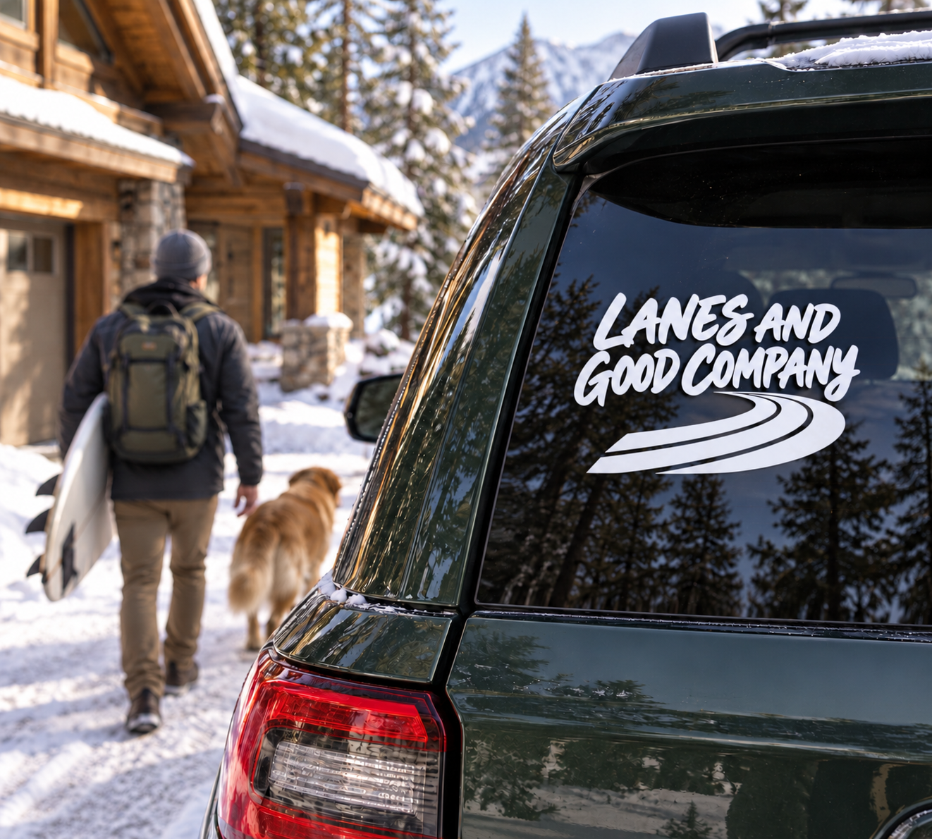 Car vinyl decal: 'LANES AND GOOD COMPANY' with track lane swoosh