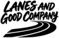 Vinyl decal text 'LANES AND GOOD COMPANY' with track lane line graphic