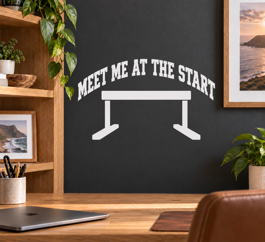 Vinyl decal: Meet Me at the Start text with start line gate graphic
