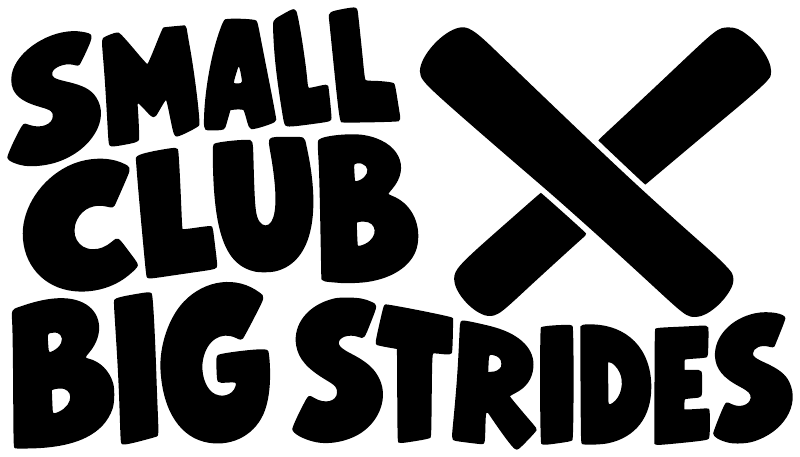 Black vinyl decal design: SMALL CLUB BIG STRIDES lettering with large X