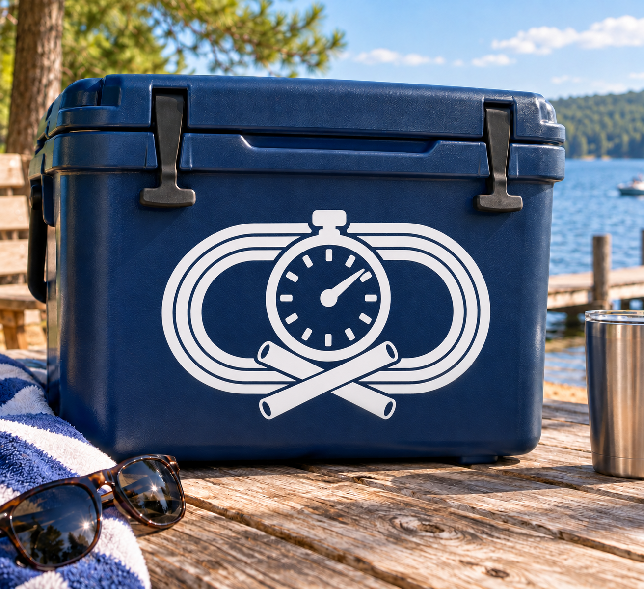 Blue rectangular vinyl decal with white stopwatch, track rings, and crossed relay batons