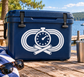 Blue rectangular vinyl decal with white stopwatch, track rings, and crossed relay batons