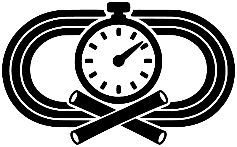 Stopwatch relay vinyl decal graphic: white stopwatch on black track rings with crossed batons