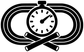 Stopwatch relay vinyl decal graphic: white stopwatch on black track rings with crossed batons