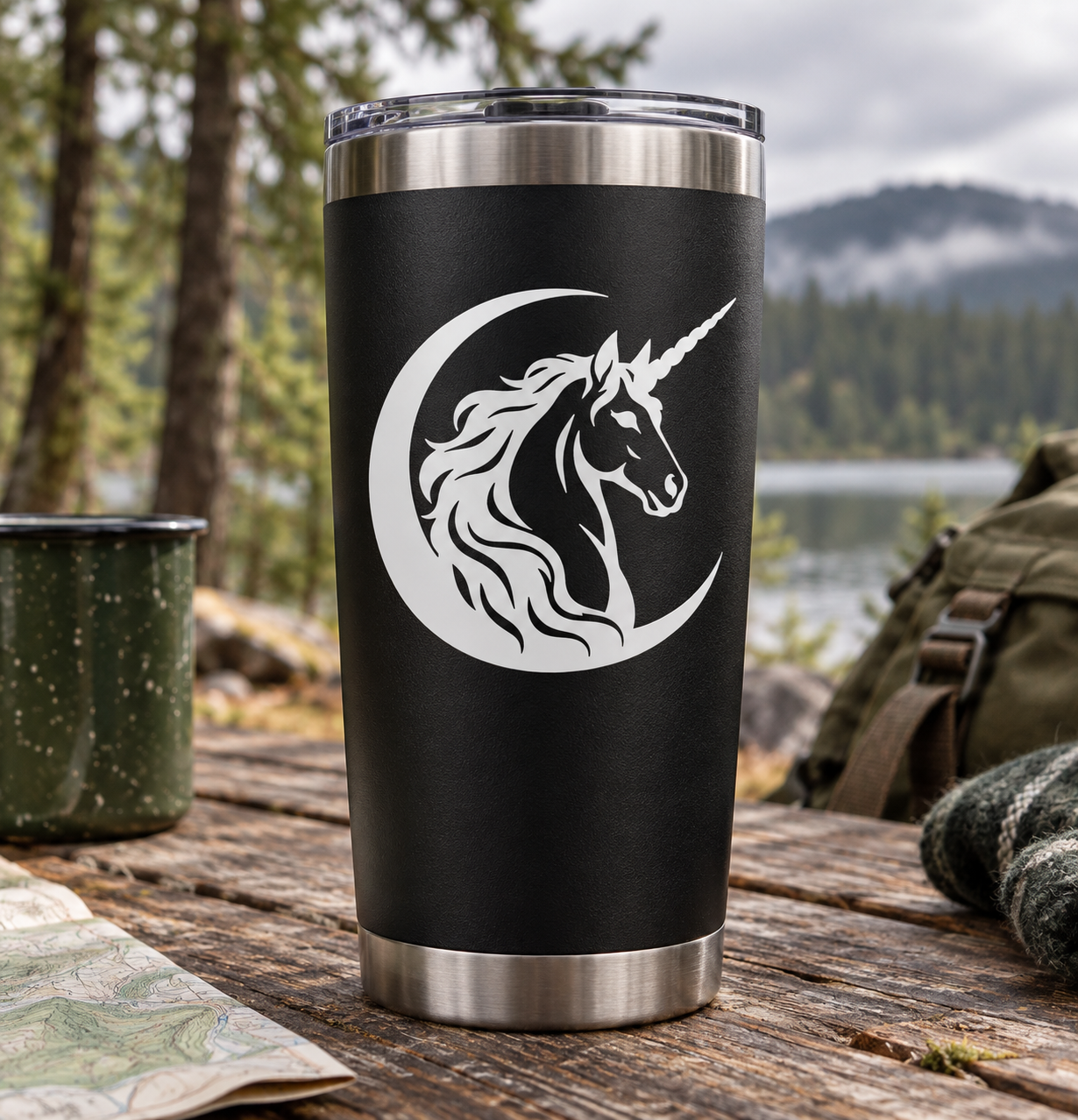 Black tumbler with silver rim featuring a white crescent unicorn portrait decal