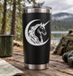 Black tumbler with silver rim featuring a white crescent unicorn portrait decal
