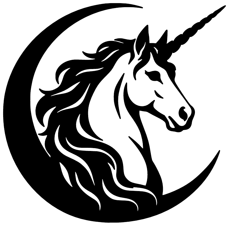 Vinyl decal of a black and white unicorn portrait inside a crescent moon