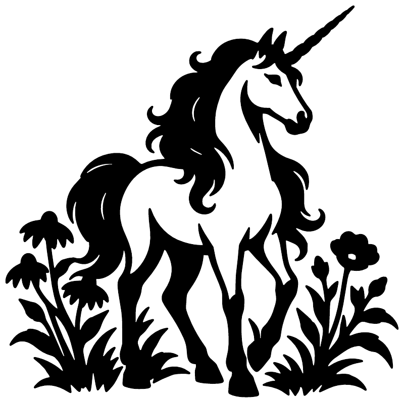 Black unicorn silhouette with wildflowers vinyl decal, standalone on white background