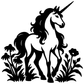 Black unicorn silhouette with wildflowers vinyl decal, standalone on white background