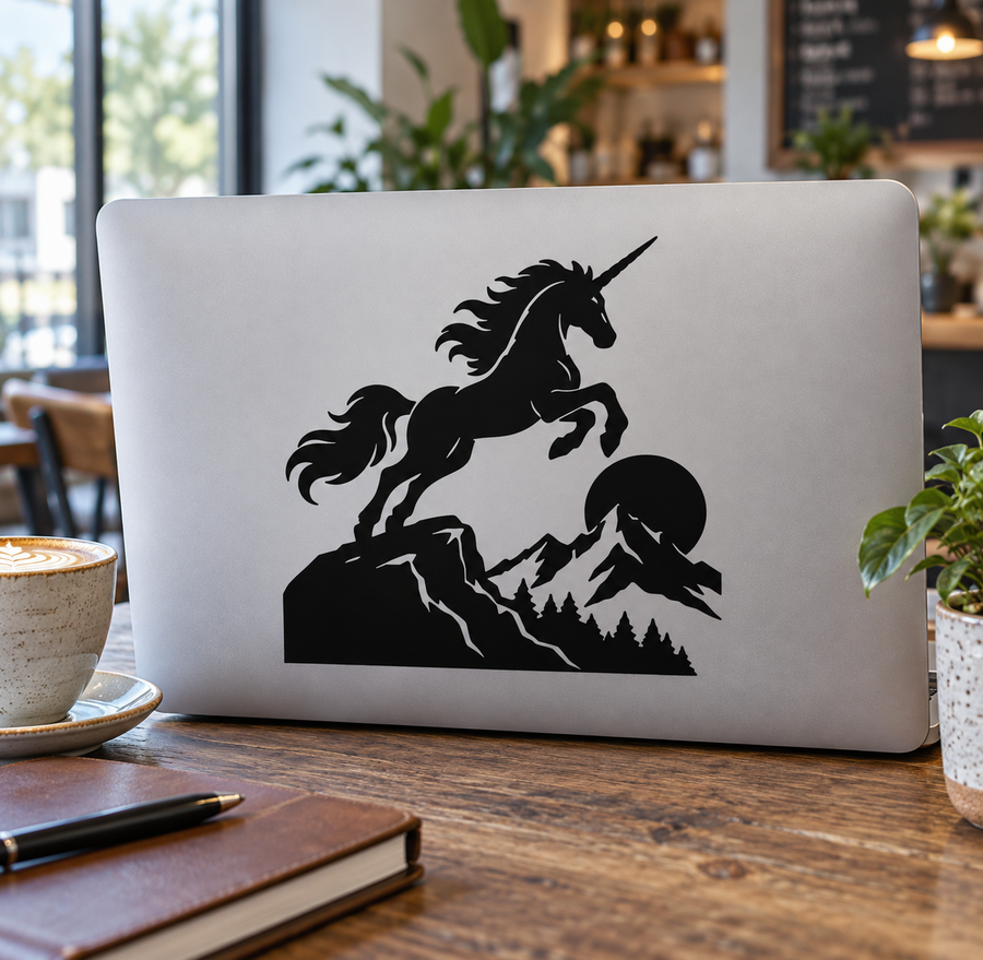 Unicorn vinyl decal: black unicorn and forested mountain silhouette on light surface