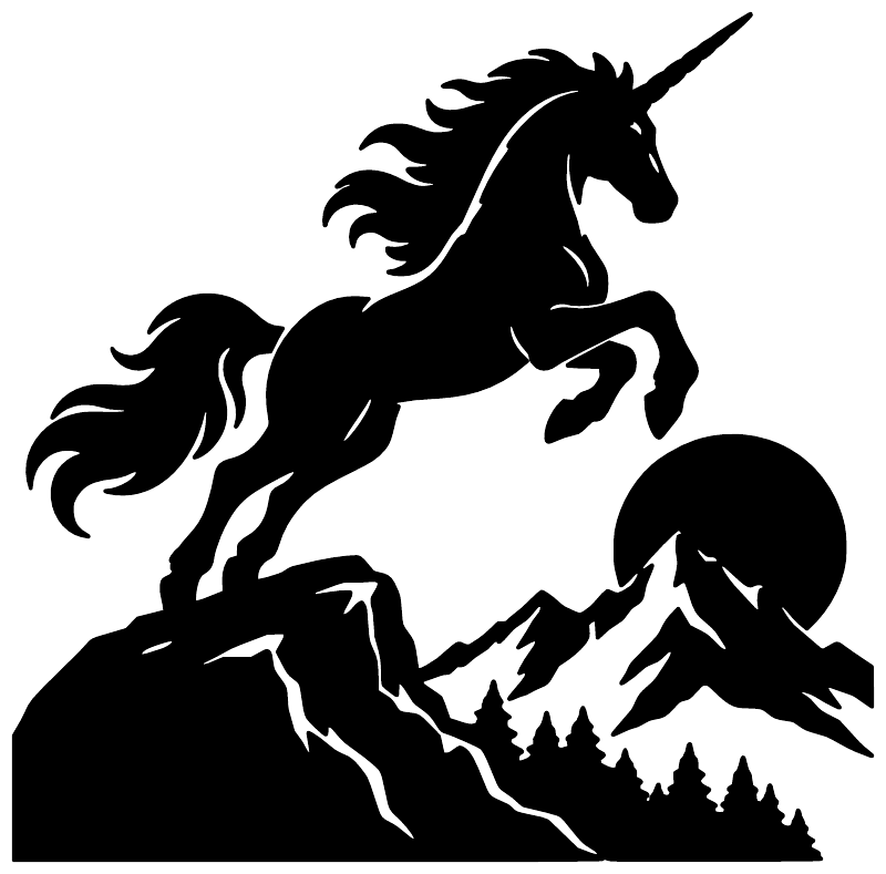 Unicorn vinyl decal close-up: black unicorn, mountains, and pine silhouettes
