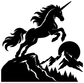 Unicorn vinyl decal close-up: black unicorn, mountains, and pine silhouettes