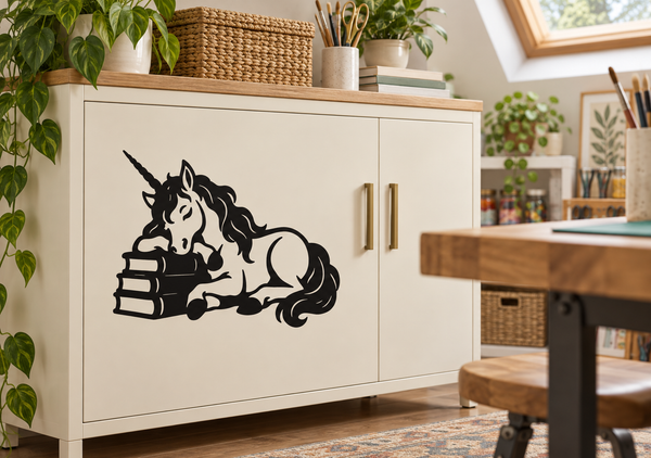 Unicorn sleeping vinyl wall decal, black line art on a light cabinet door.