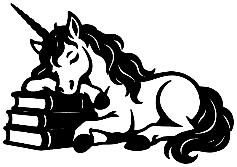 Sleeping unicorn vinyl decal, black silhouette with horn, wings, and curled tail.