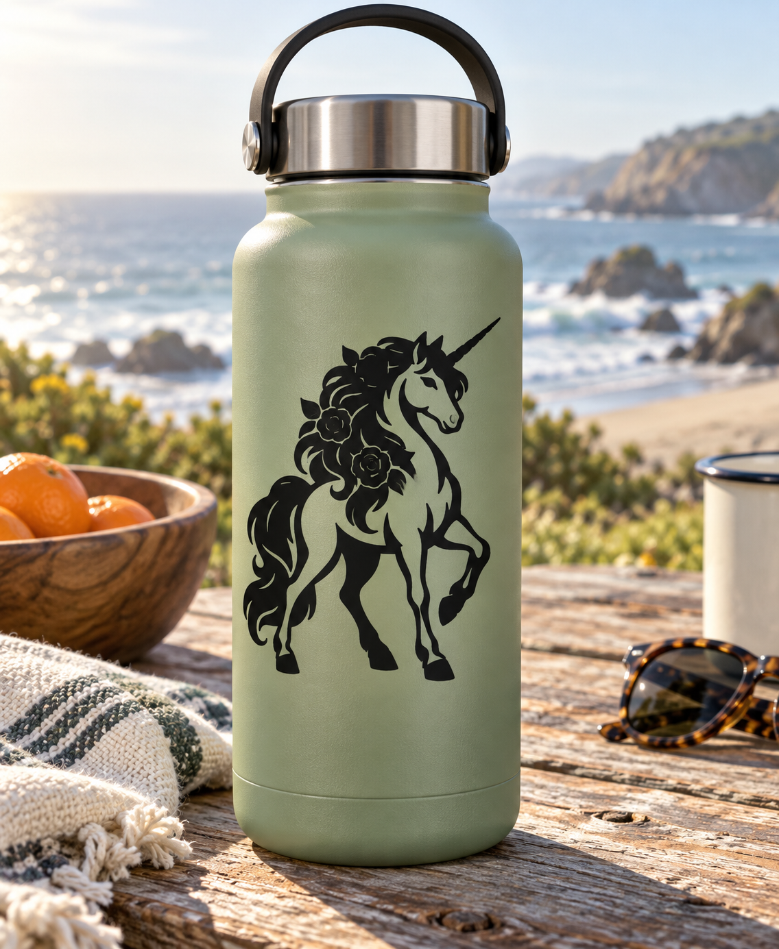 Vinyl unicorn emblem decal with black unicorn and rose-flower mane