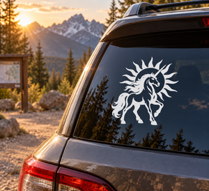 Unicorn sunburst vinyl decal on car window, white and black horse silhouette with rays