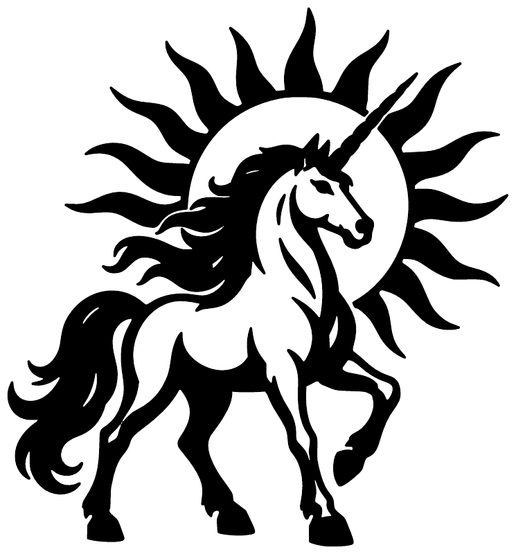 Sunburst unicorn vinyl decal, black-and-white horse silhouette with long sun rays
