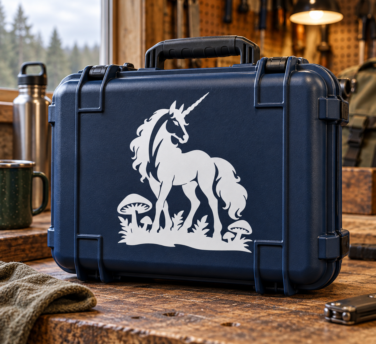 Unicorn forest vinyl decal on dark blue case: white unicorn with mushrooms.