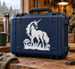Unicorn forest vinyl decal on dark blue case: white unicorn with mushrooms.