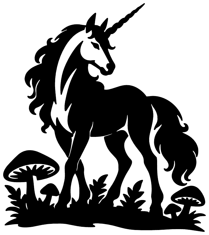 Unicorn forest vinyl decal: black-and-white unicorn standing with mushrooms and grass.