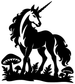 Unicorn forest vinyl decal: black-and-white unicorn standing with mushrooms and grass.