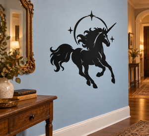 Galloping unicorn vinyl decal with star halo, black silhouette