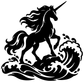 Black unicorn on swirling ocean wave vinyl decal, close-up