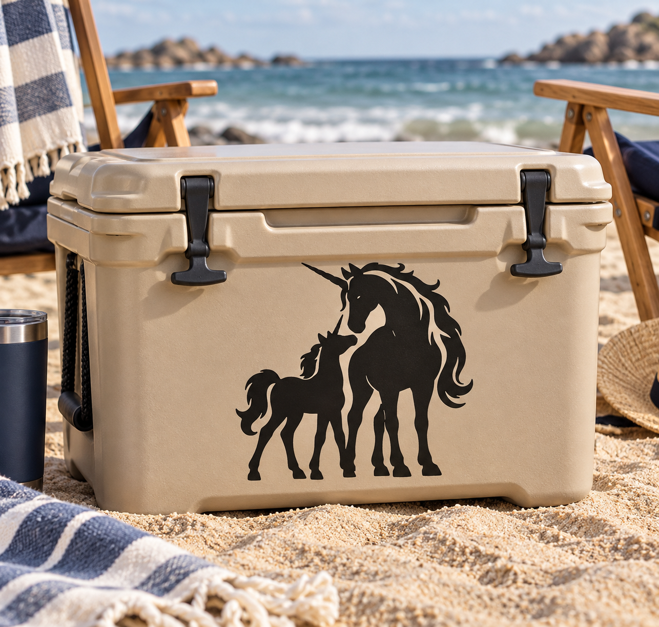 Black unicorn and foal vinyl decal on tan cooler