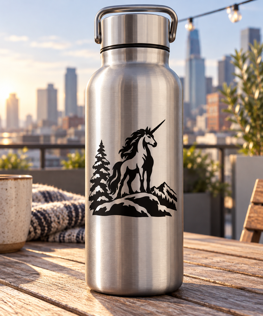Unicorn vinyl decal: black and white unicorn with pine trees