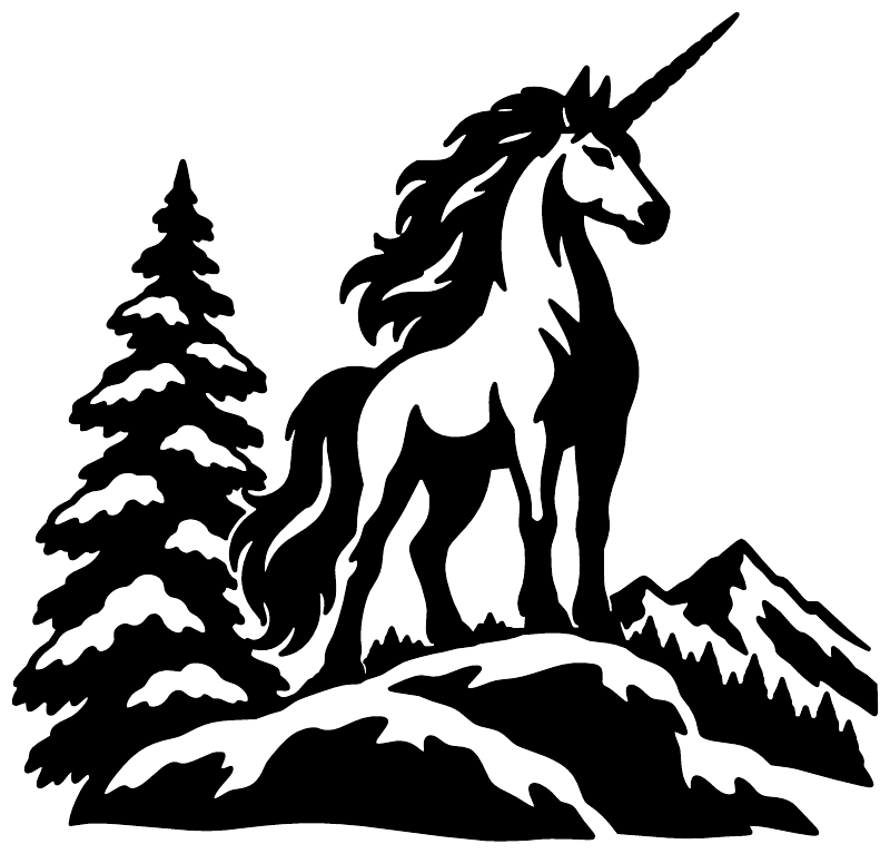 Unicorn vinyl decal silhouette with pine trees, snowy mountains, and horn