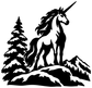Unicorn vinyl decal silhouette with pine trees, snowy mountains, and horn