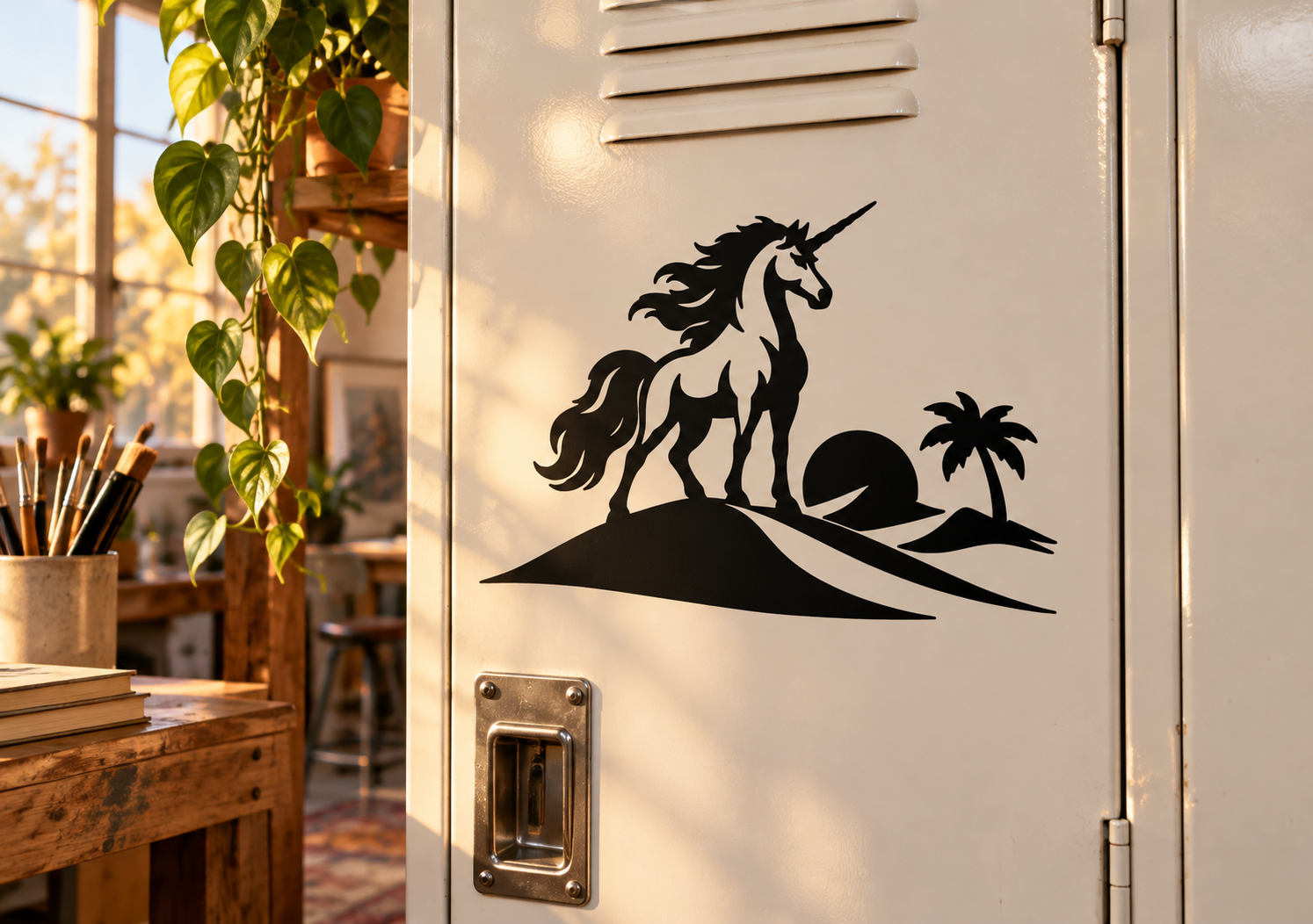 Unicorn vinyl decal of black unicorn standing on a desert dune with palm trees