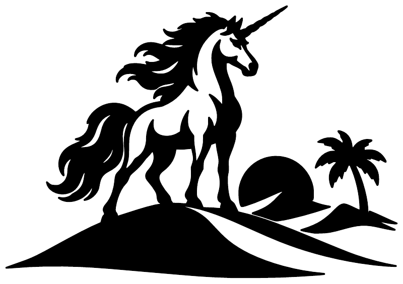 Unicorn vinyl decal featuring a black unicorn on a desert dune with palm trees