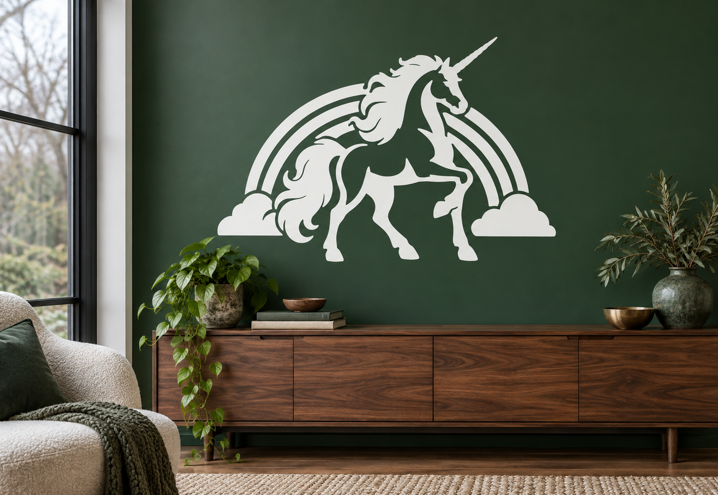 Unicorn vinyl decal with white rainbow arc and horned horse silhouette