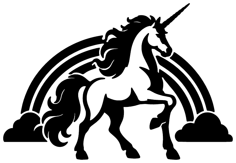Unicorn vinyl decal with black-and-white rainbow arc, clouds, and horn