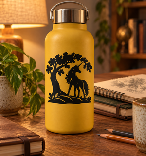Unicorn vinyl decal silhouette with leafy tree and guardian pose, black on yellow bottle