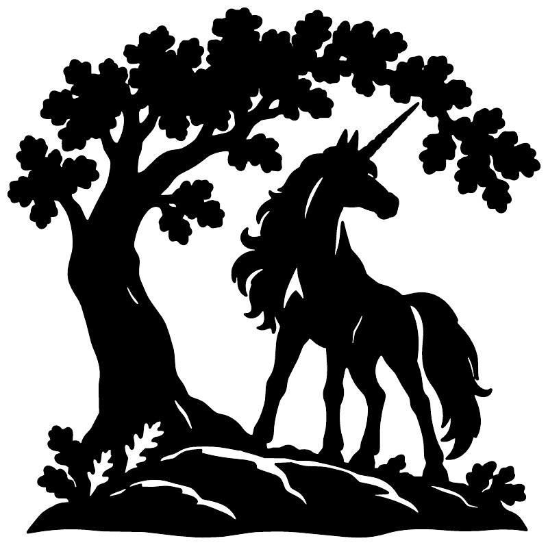 Unicorn vinyl decal silhouette with large tree and rocky ground, black on white