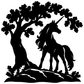 Unicorn vinyl decal silhouette with large tree and rocky ground, black on white