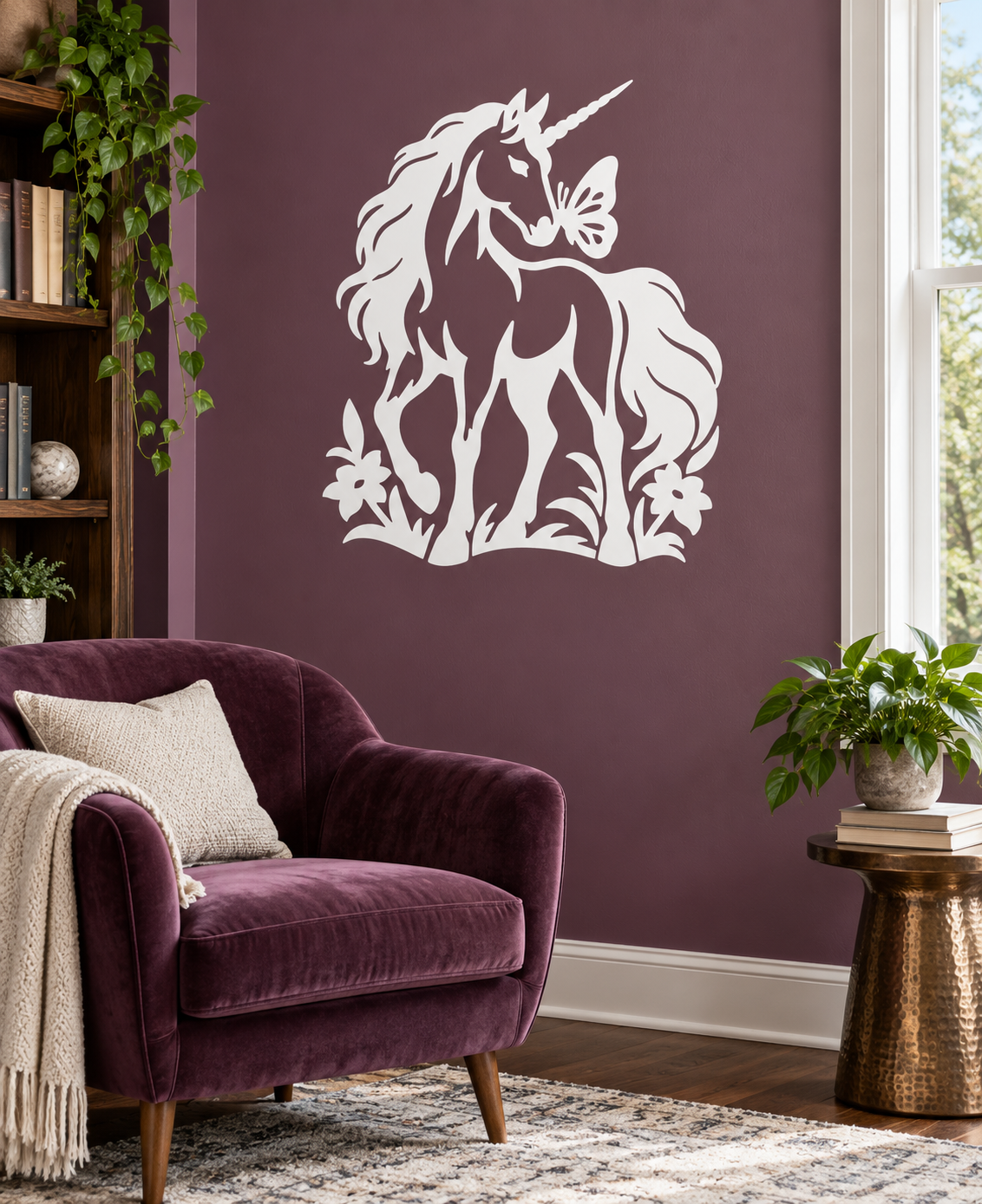 White unicorn vinyl decal with butterfly nose and flower accents, wall sticker