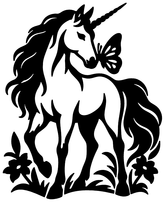 Black unicorn vinyl decal silhouette with butterfly nose and floral accents