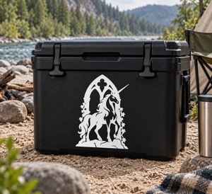 Gothic arch unicorn vinyl decal, white silhouette on dark background
