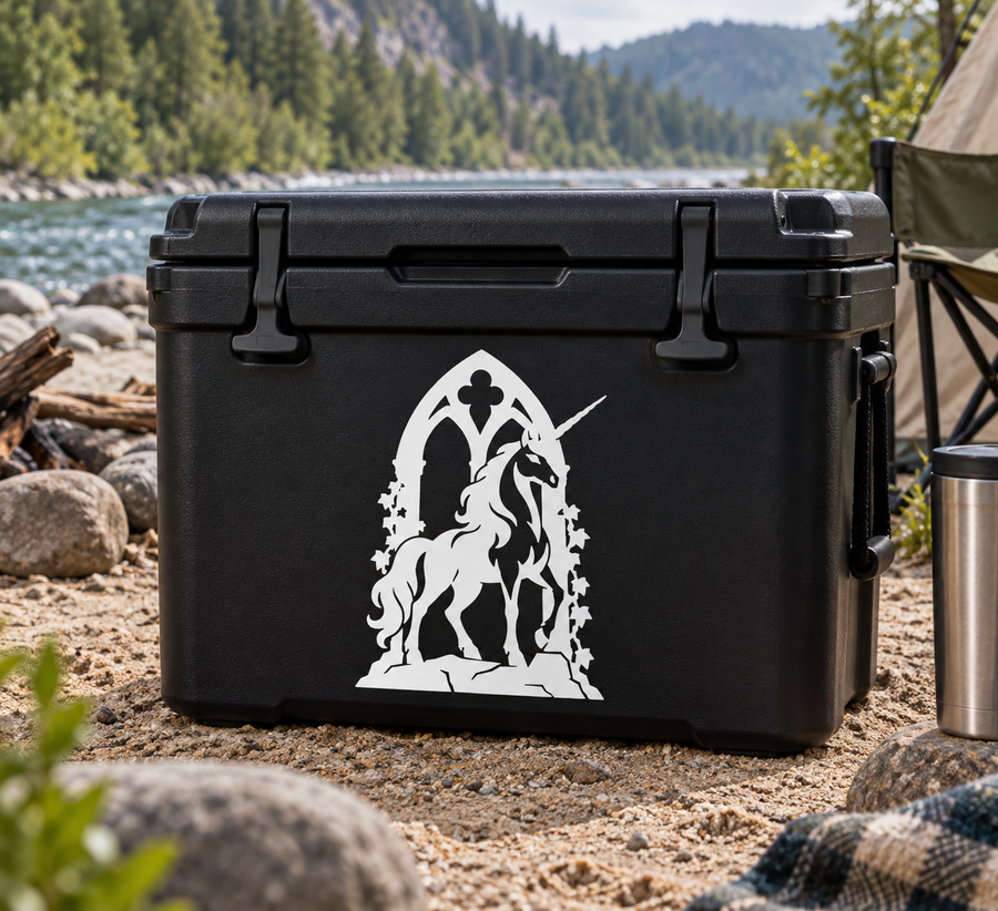 Gothic arch unicorn vinyl decal, white silhouette on dark background