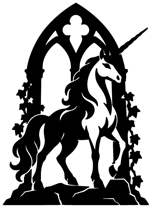Gothic arch unicorn vinyl decal, black silhouette with star accents