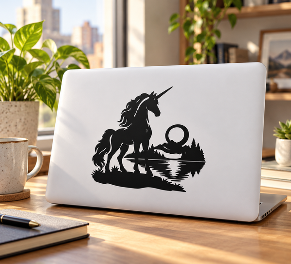 Unicorn vinyl decal: black unicorn, moon, and water scene on a laptop