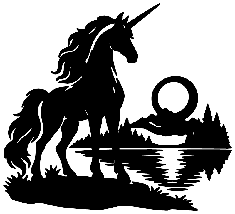 Black unicorn vinyl decal with moon over water and grass shoreline