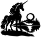 Black unicorn vinyl decal with moon over water and grass shoreline