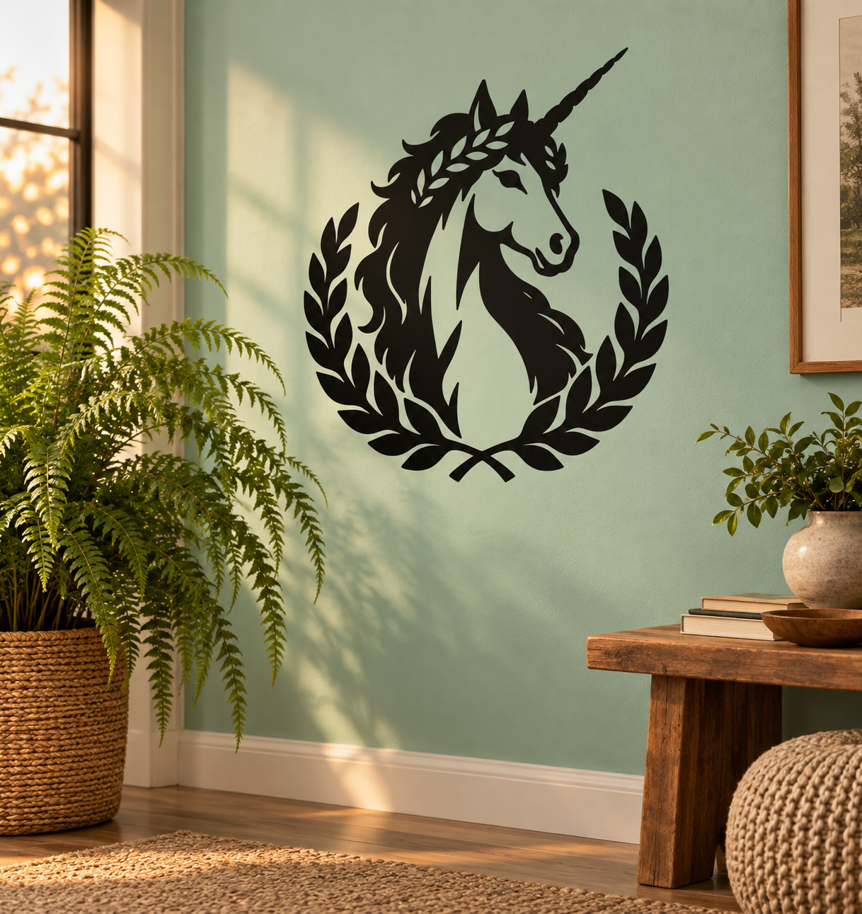 Unicorn vinyl wall decal with laurel crown wreath, black silhouette