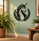 Unicorn vinyl wall decal with laurel crown wreath, black silhouette