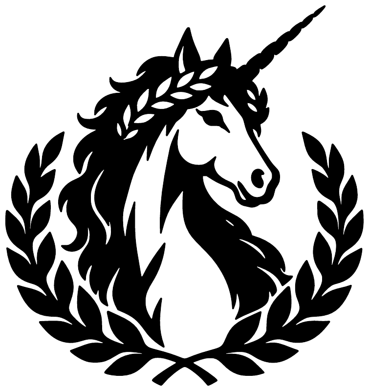 Unicorn face vinyl decal with laurel wreath, black outline silhouette