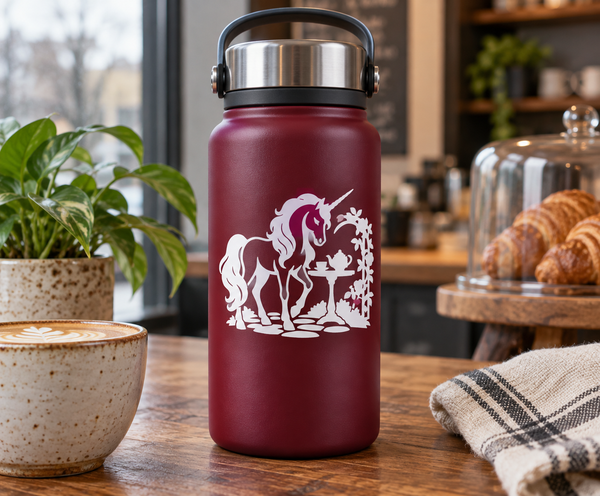 Unicorn and tea garden vinyl decal, white silhouette with teapot and plants